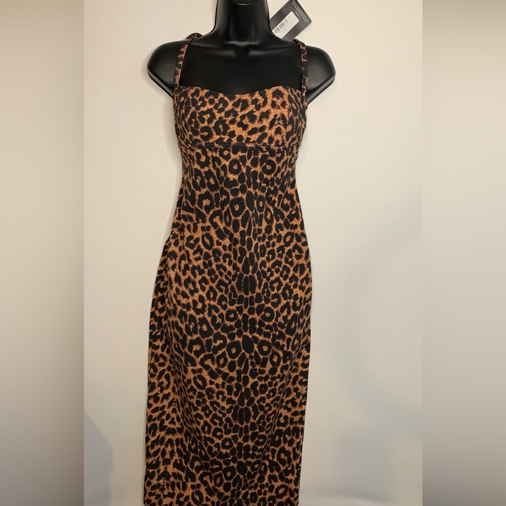 Pretty Little Things Leopard print midi strappy cup detail dress. NWT size 12